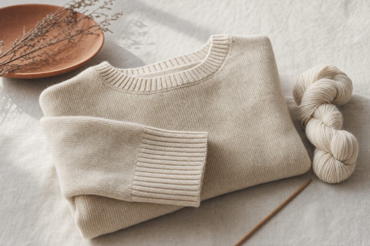 Jersey de lana merina de punto fino plegado, con el remate acanalado del puño a la vista, junto a una madeja de hilo merino