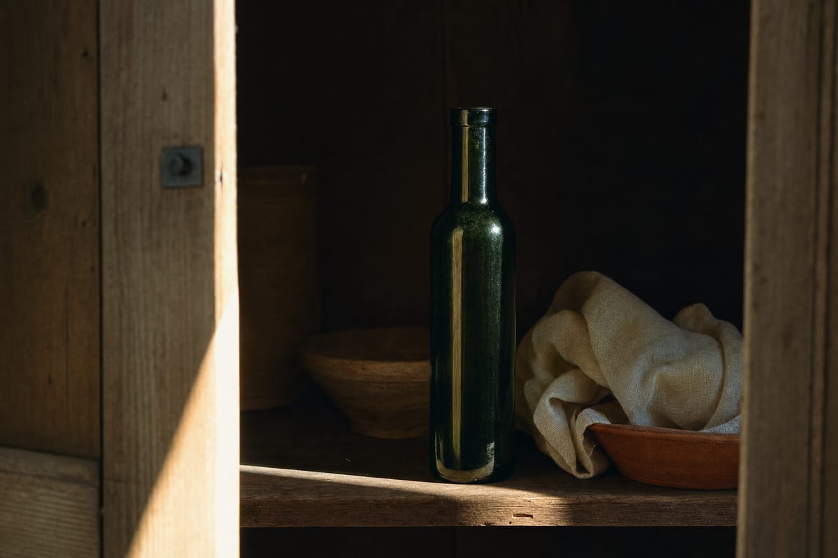 Botella de aceite de oliva guardada en un armario de madera en penumbra, con una rendija de luz entrando por la puerta entreabierta