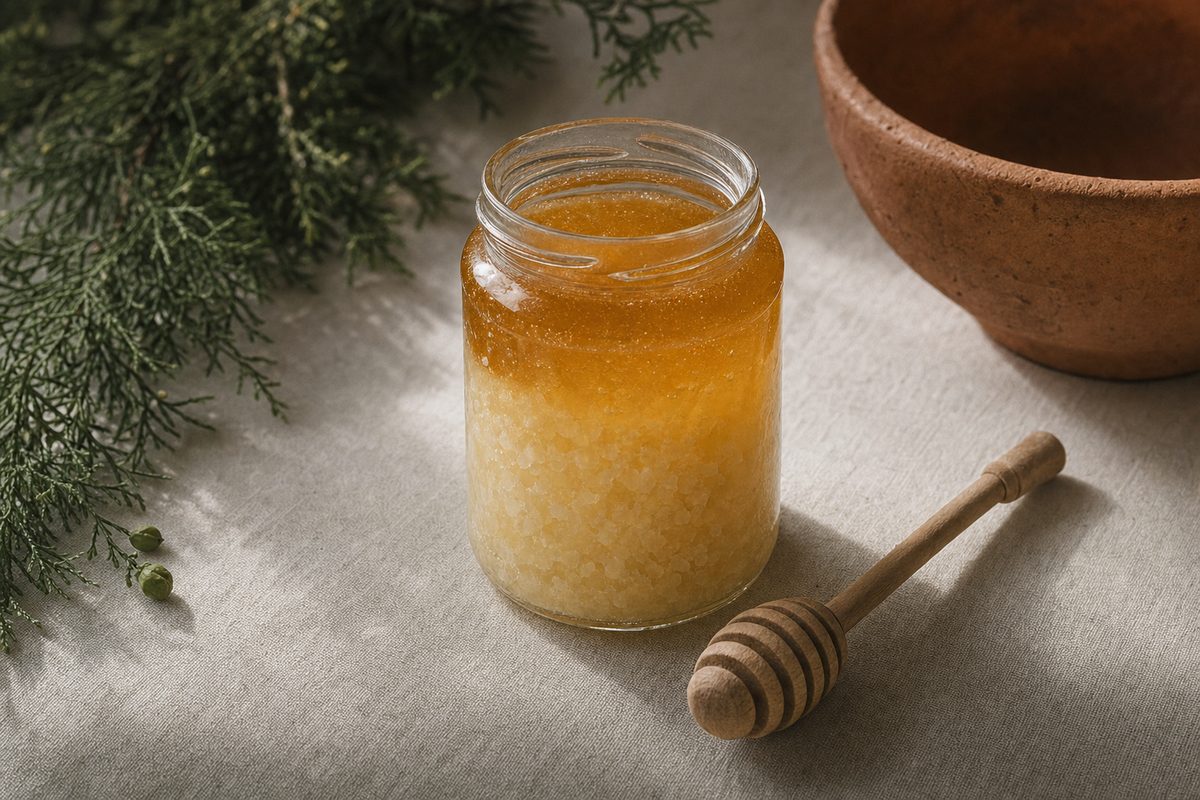 Tarro de cristal de miel a medio cristalizar, con poso blanquecino en la mitad inferior y miel ámbar líquida encima, junto a un dosificador de madera sobre lino claro